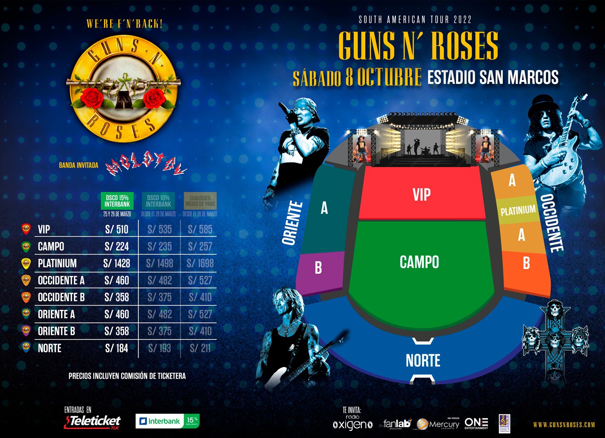 Precios de Guns N' Roses para su concierto del 2022.