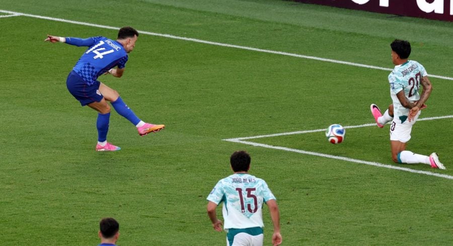 TORONTO, ONTARIO - JULY 02: Ivan Perisic #14 of Croatia scores his team�s first goal during the FIFA World Cup 2026 Round of 32 match between Portugal and Croatia at Toronto Stadium on July 02, 2026 in Toronto, Ontario. Mattia Ozbot/Getty Images/AFP (Photo by Mattia Ozbot / GETTY IMAGES NORTH AMERICA / Getty Images via AFP)