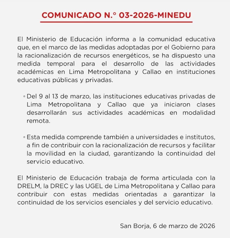 Cómunicado del Ministerio de Educación sobre clases virtuales.