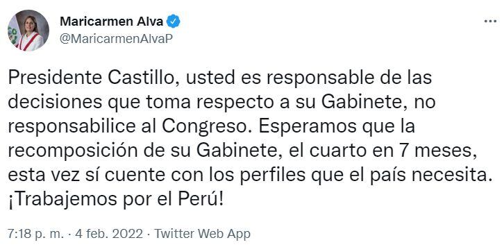 María del Carmen Alva destacó que este es el cuarto gabinete de Pedro Castillo.