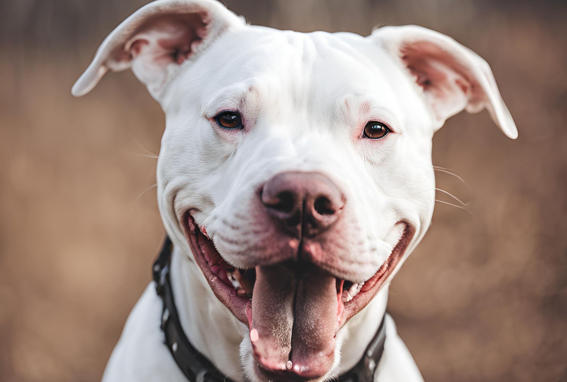 Esta es una imagen referencial de un perro pitbull de color blanco que está feliz. (Imagen: El Comercio / Mag / Canva)