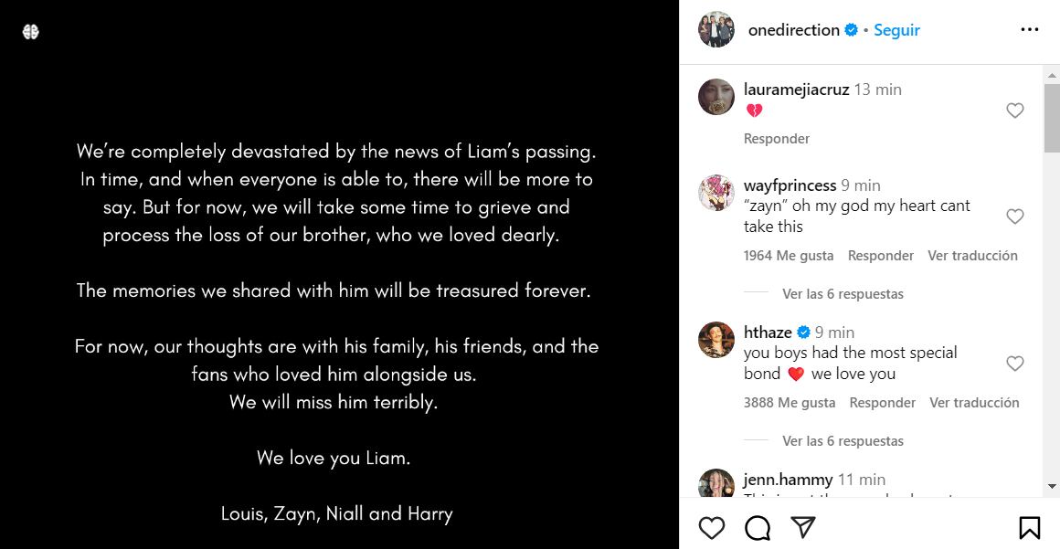 One Direction se despidió de Liam Payne, fallecido el pasado 16 de octubre en Argentina, tras sufrir un grave accidente luego de caer del tercer piso de la habitación que alquilaba en un hotel de Palermo | Foto: Instagram