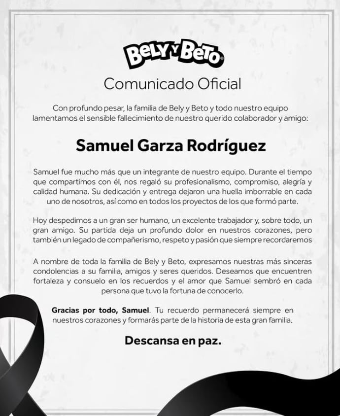 Show infantil mexicano 'Bely y Beto' confirmó el fallecimiento de comunity manager Samuel Garza durante gira internacional.