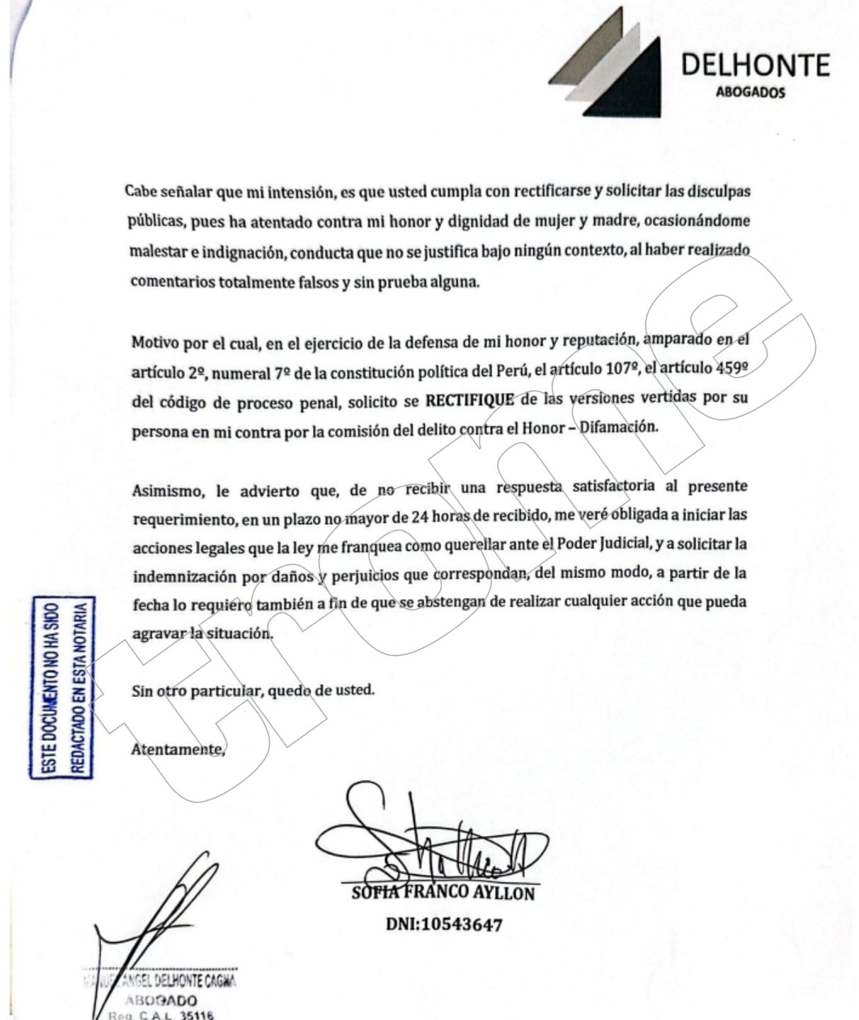 TROME - Exconductora manda carta notarial a Rodrigo Gonzáles.