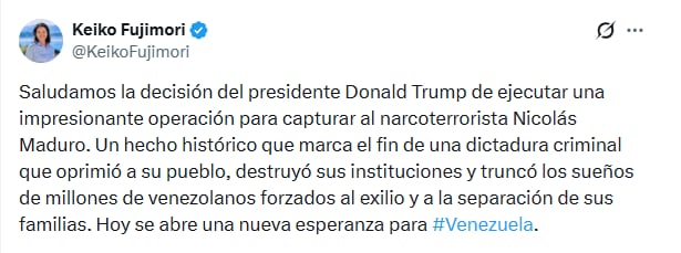 Opinión de Keiko Fujimori tras captura de Nicolás Maduro.