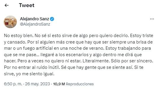 Alejandro Sanz preocupa a fans con su último mensaje. (Foto: @AlejandroSanz).