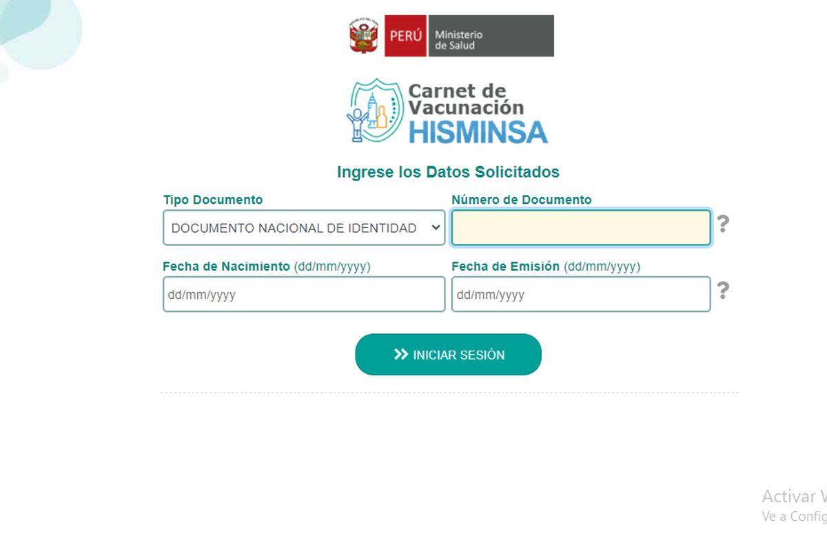 En caso el ciudadano no cuente con el carne de vacunación, él puede descargarse dicho documento en la página Hisminsa, a cargo del Ministerio de Salud, para lo cual deberá rellenar una serie de datos.