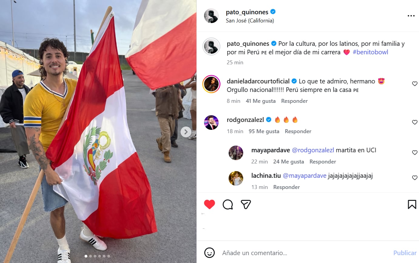 Patricio Quiñones con la bandera peruana tras bailar con Bad Bunny en el Super Bowl 2026.