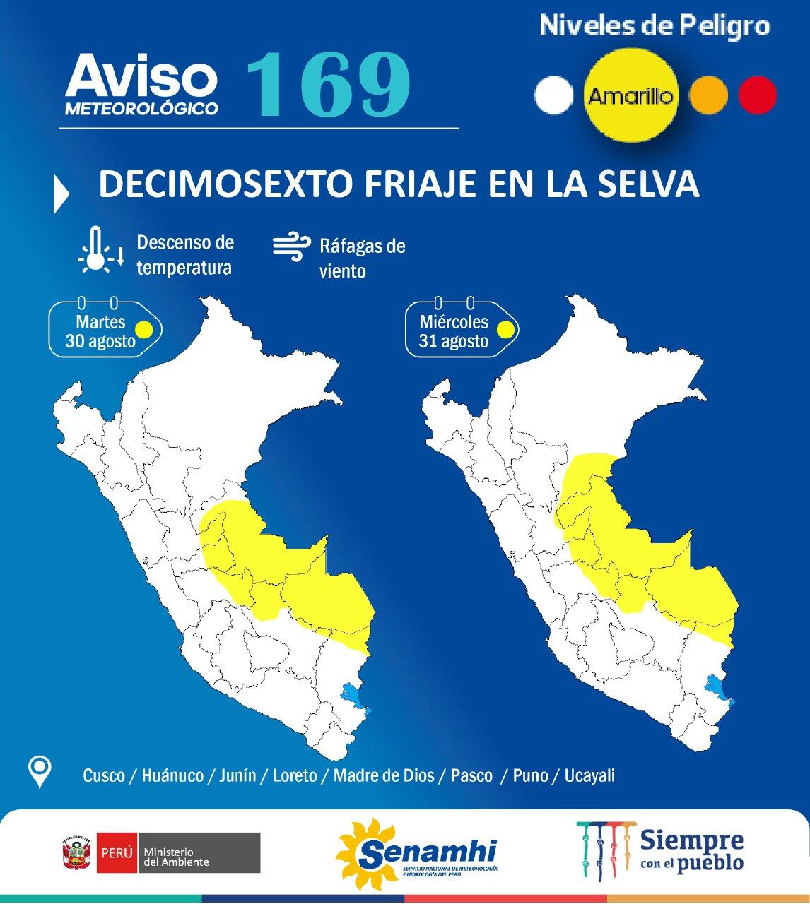 Del 30 al 31 de agosto, se presentará el descenso de la temperatura en la selva, debido al decimosexto friaje del año. Foto: Senamhi