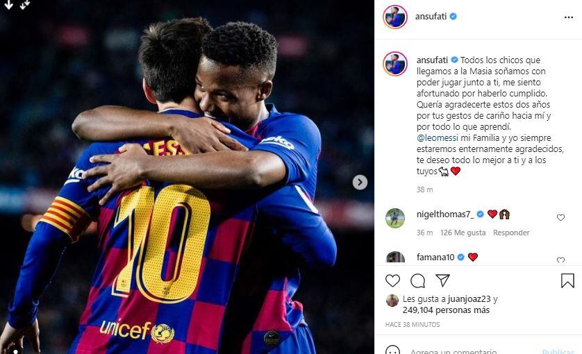 El mensaje de Ansu Fati dedicado a Lionel Messi.