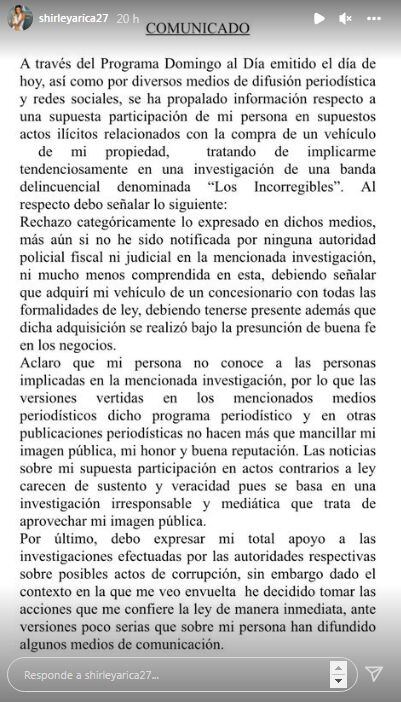 Shirley Arica emitió un comunicado