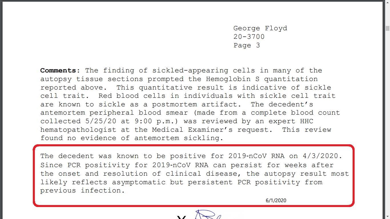 Autopsia revela que George Floyd había dado positivo por COVID-19. (Captura: Informe)