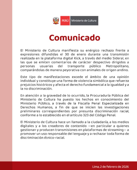 MINCUL denuncia expresiones racistas contra pasajeros del Metropolitano durante transmisión de Sideral.