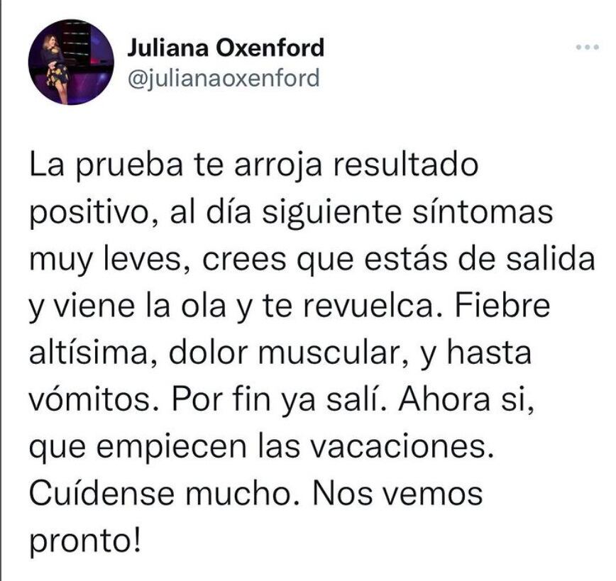 Juliana Oxenford anunció que ya salió del COVID-19. (@julianaoxenford.oficial)