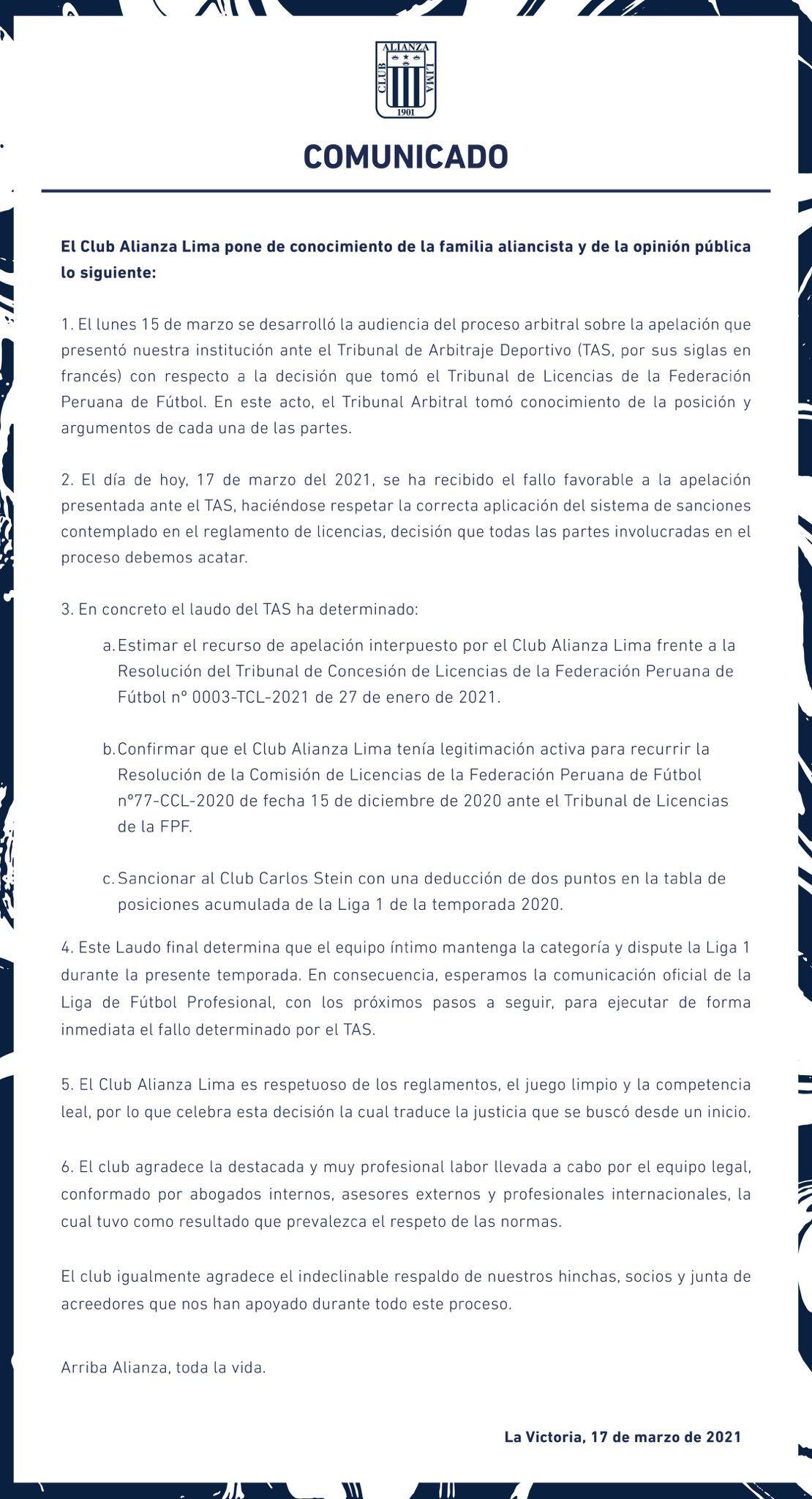 El comunicado oficial de Alianza Lima tras fallo del TAS.