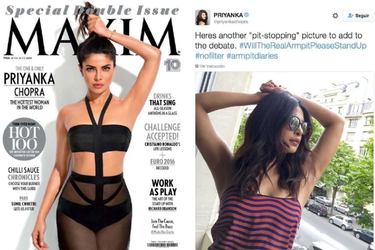 A la izquierda la portada de la revista y a la derecha su reclamo (Foto: Priyanka Chopra / Twitter)