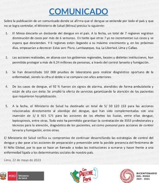 Este es el comunicado del Minsa sobre el dengue