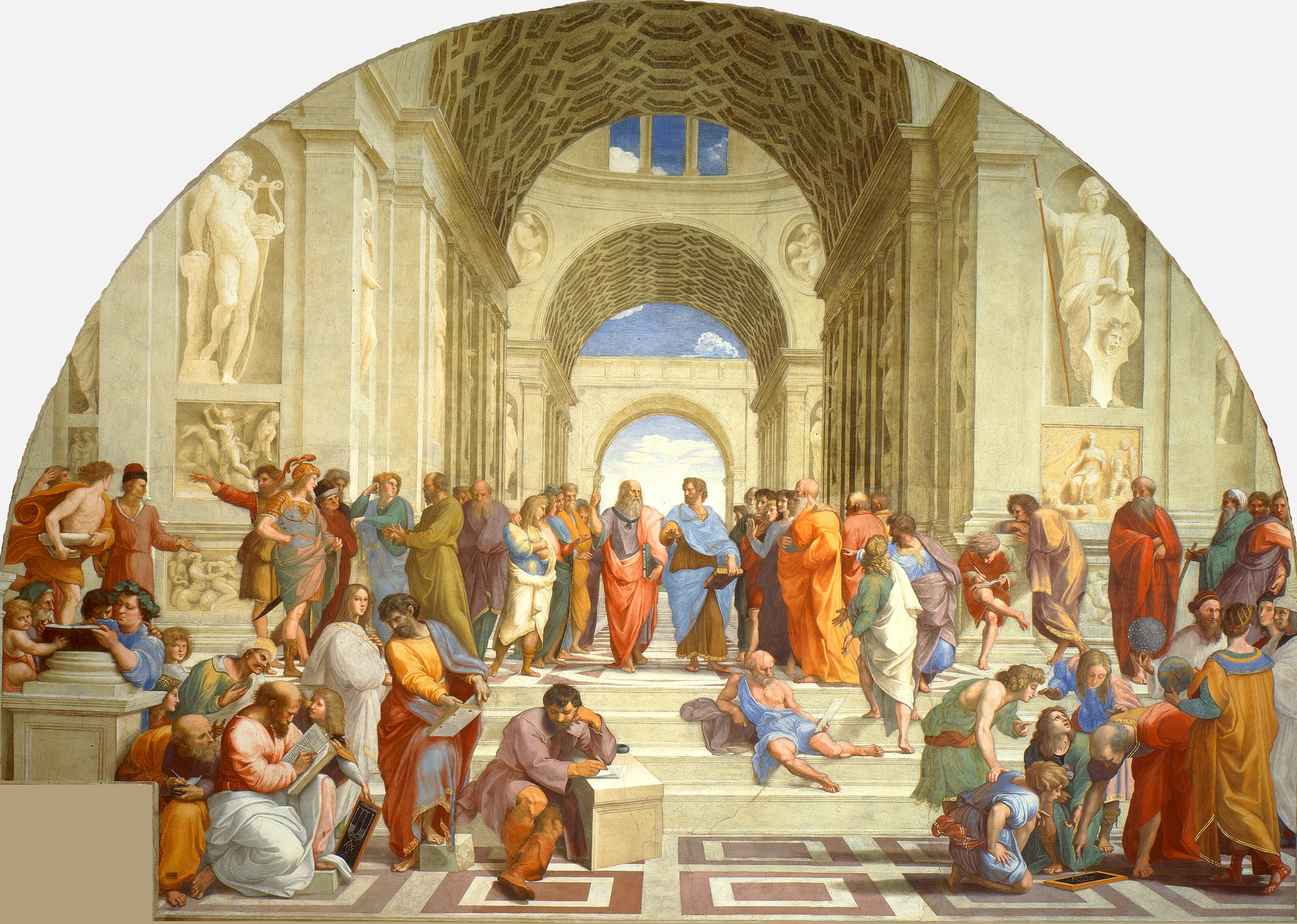 'La escuela de Atenas'. Fresco realizado por Rafael Sanzio entre 1509 y 1512. Platón y Aristóteles parecen ser las figuras centrales en la escena.