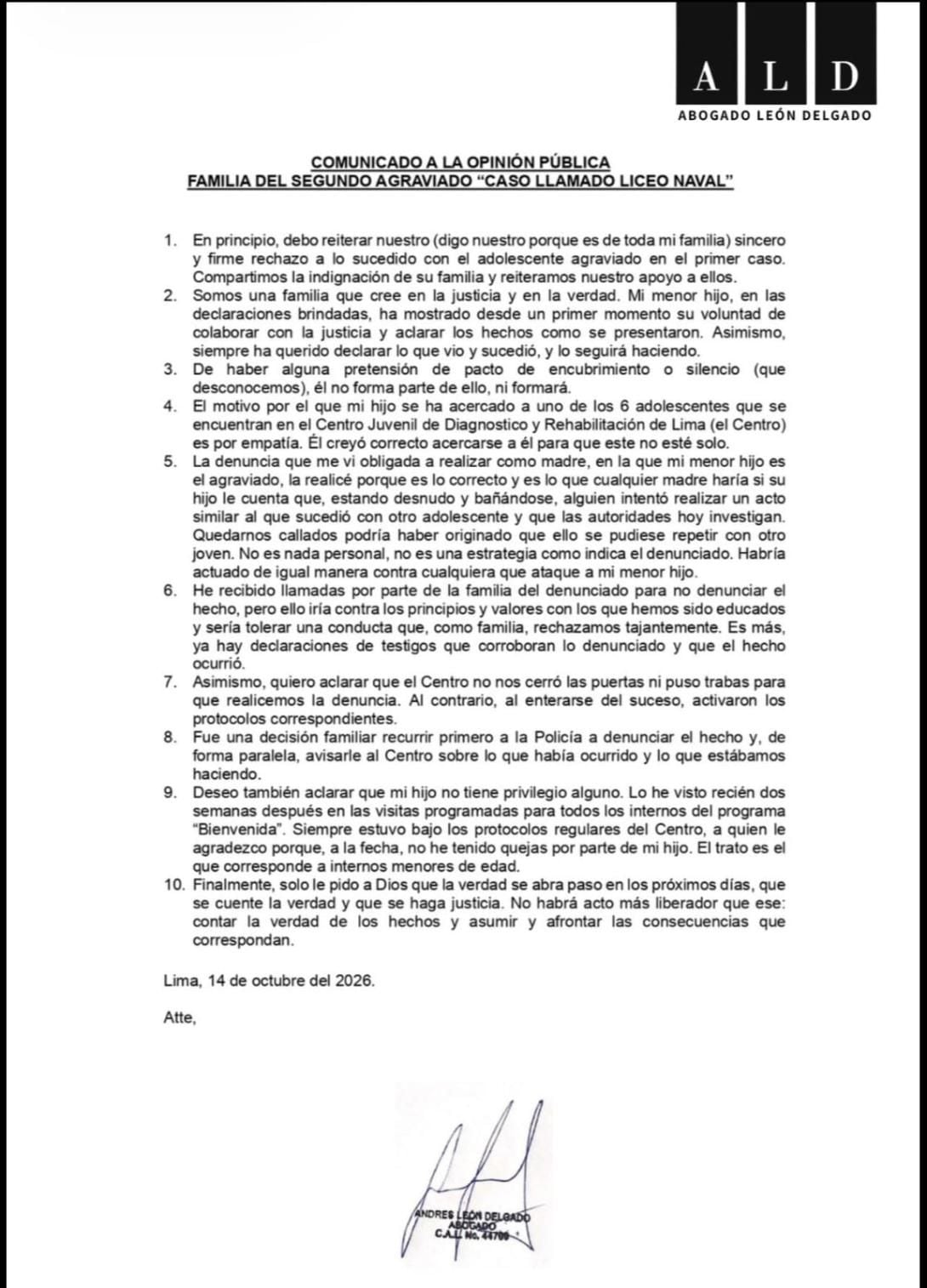 Comunicado de la familia de segundo menor agraviado del Liceo Naval recluido en Maranguita