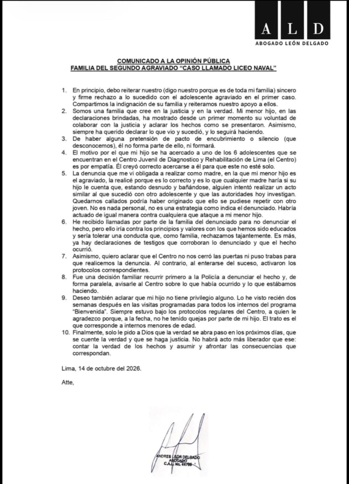 Comunicado de la familia del segundo agraviado en el caso Liceo Naval. Comunicado de la familia del segundo agraviado en el caso Liceo Naval.