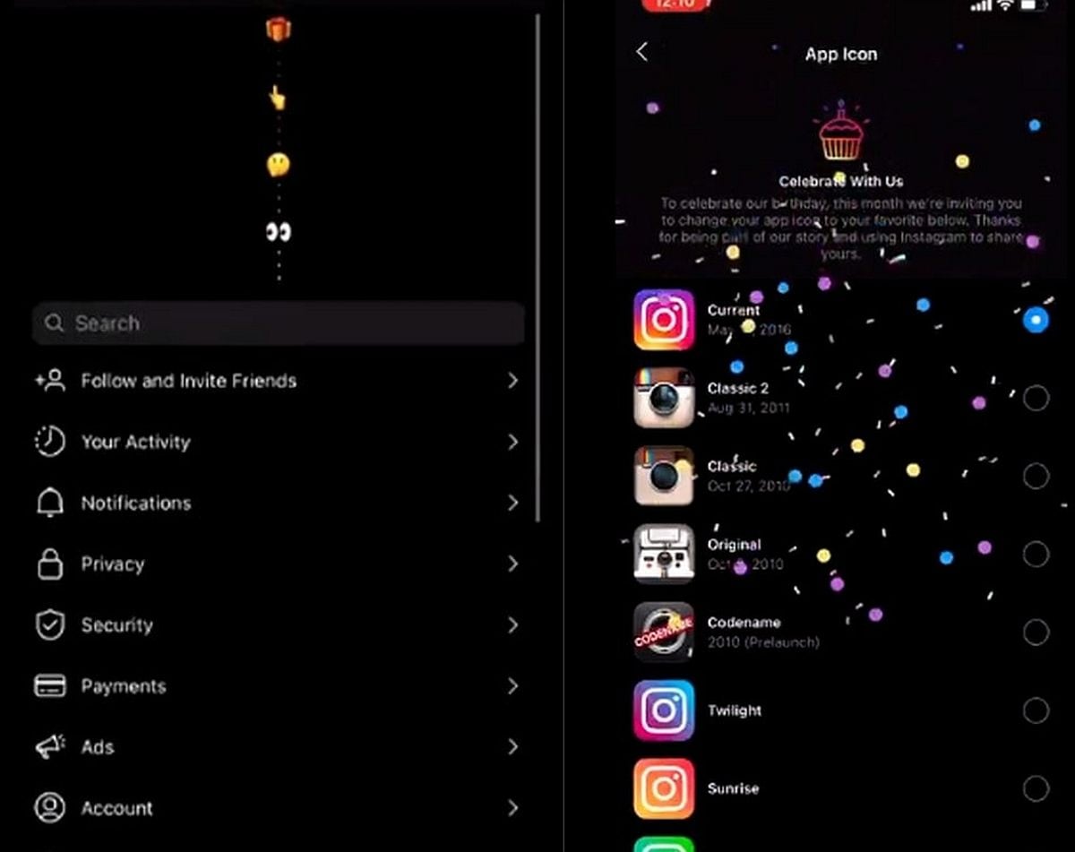 Antes de cambiarlo aparece confeti y se muestra el menú para que elijas el icono que quieres usar. (Foto: @kosmowskipat / Twitter)