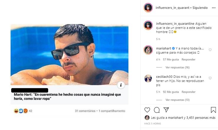 Mario Hart responde post de Instagram que lo vacila porque aprendió a lavar su ropa en cuarentena