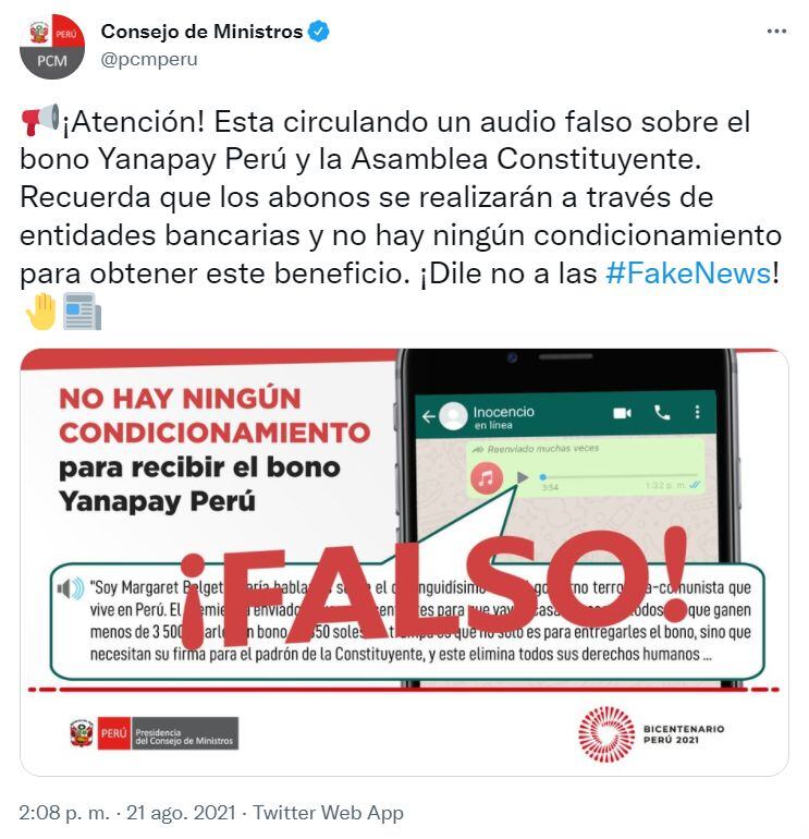 PCM advirtió que hay fakenews sobre el bono Yanapay Perú.
