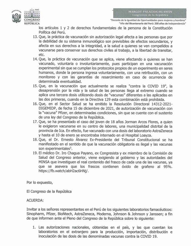 Moción pide citar a fabricantes de vacunas en el Perú.