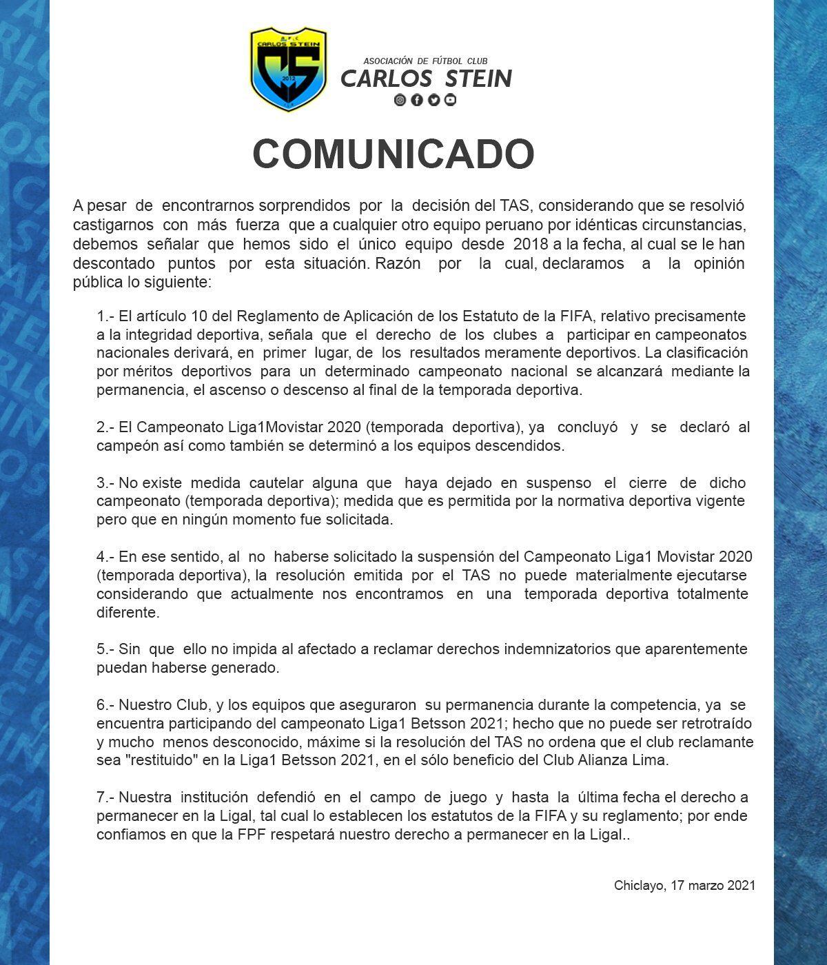 Carlos Stein publicó fuerte comunicado sobre decisión del TAS