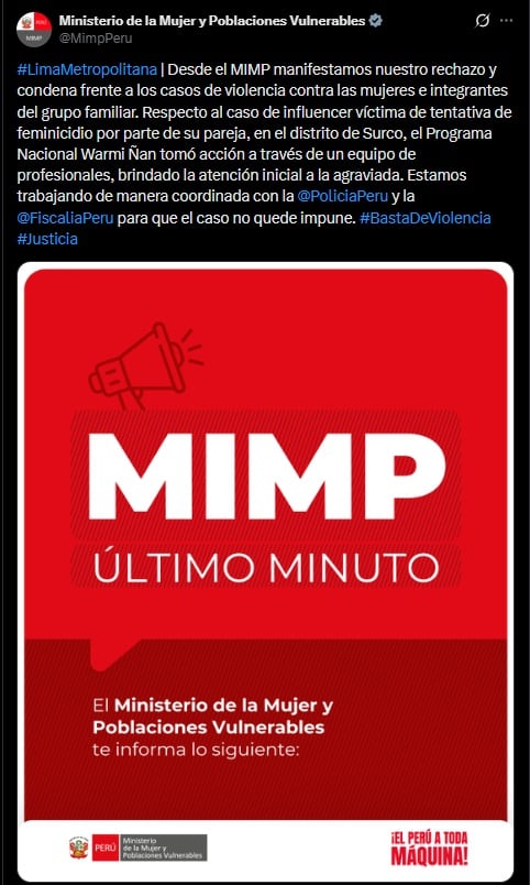 Pronunciamiento de la Ministerio de la Mujer y Poblaciones Vulnerables.