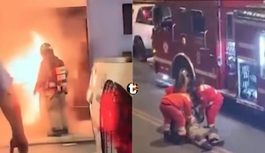 ¡Bombero salió despedido por explosión cuando intentaba ingresar a barbería en llamas en Barrios Altos!