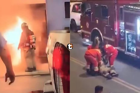 ¡Bombero salió despedido por explosión cuando intentaba ingresar a barbería en llamas en Barrios Altos!