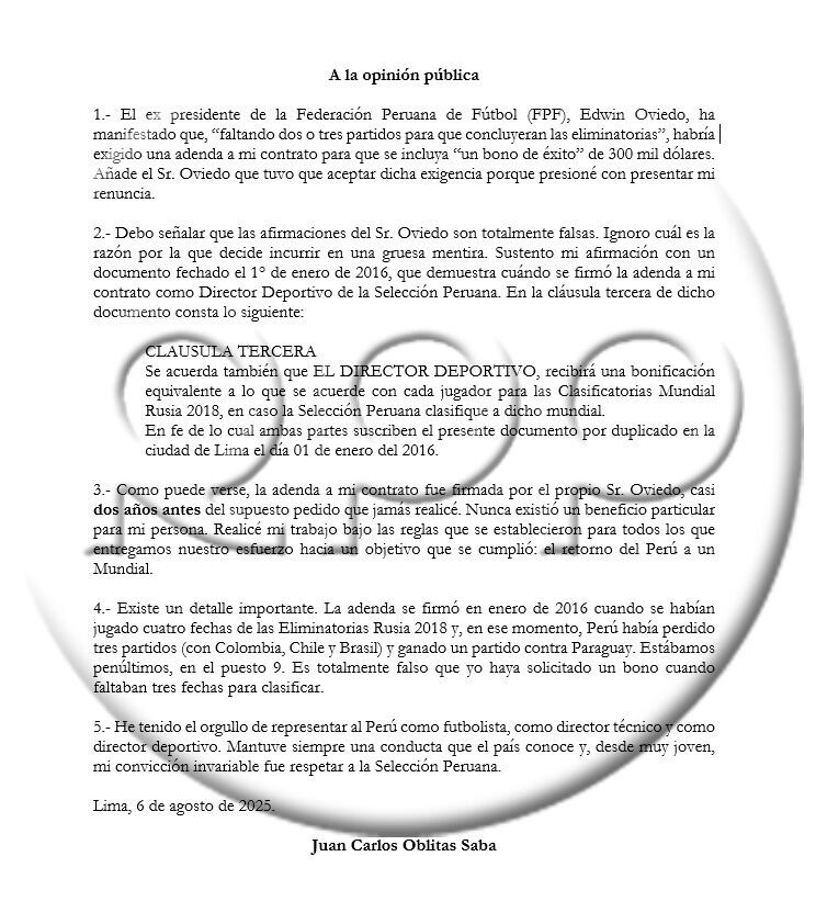 Comunicado a la opinión pública de Juan Carlos Oblitas, ex Director Deportivo de la FPF. (Foto: RPP)