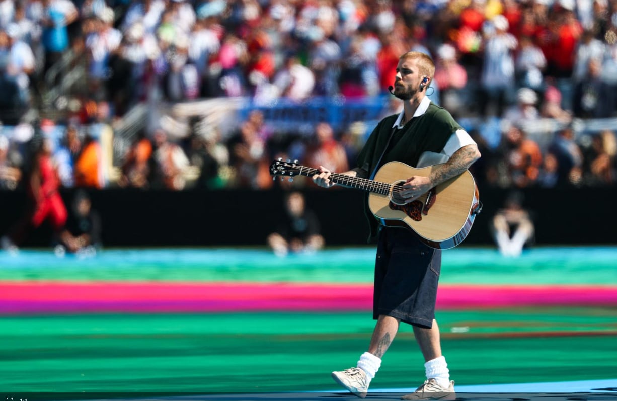 Justin Bieber en el show del medio tiempo de la final del Mundial 2026. Foto: AFP.