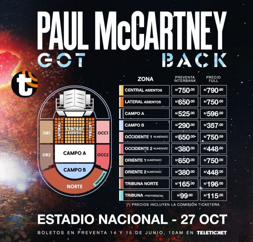 Precios para ver a Paul McCartney en Lima