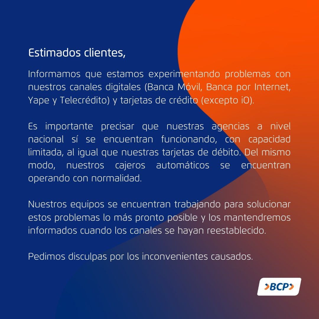 BCP se pronunció ante fallas en sus sistemas.