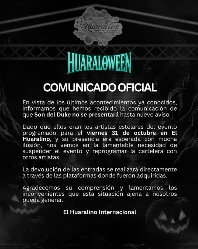 'El Huaralino' informa que la agrupación 'Son del Duke' no se presentarán por Halloween este 31 de octubre.