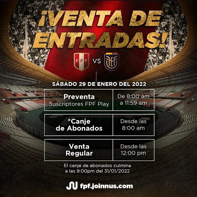 Federación Peruana de Futbol puso a la venta cerca de 25 mil entradas (Imagen: @tufpf)