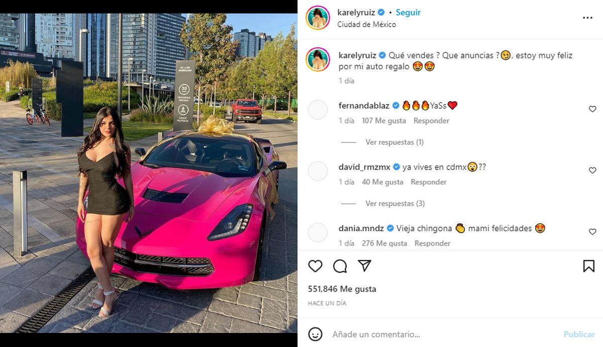 La publicación de Ruiz en su Instagram, con la leyenda: "Qué vendes ? Que anuncias? Estoy muy feliz por mi auto regalo" (Foto: Karely Ruiz / Instagram)