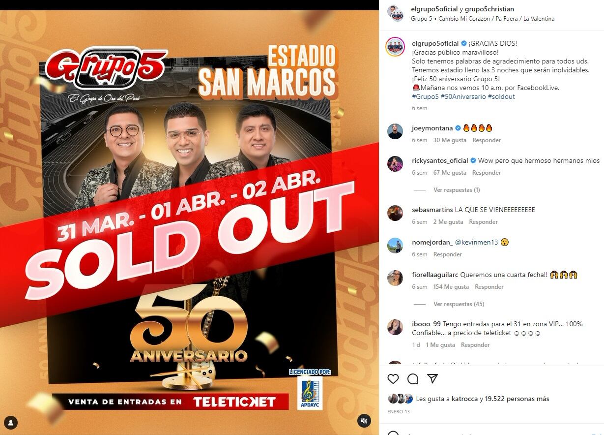 El Grupo 5 ofrecerá 3 conciertos en el Estadio San Marcos. (Foto: @elgrupo5oficial).