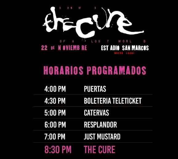 Horarios del concierto The Cure en Lima en Estadio de San Marcos este 22 de noviembre.