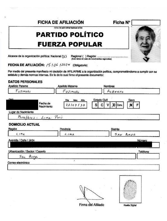 Alberto Fujimori se afilia a Fuerza Popular