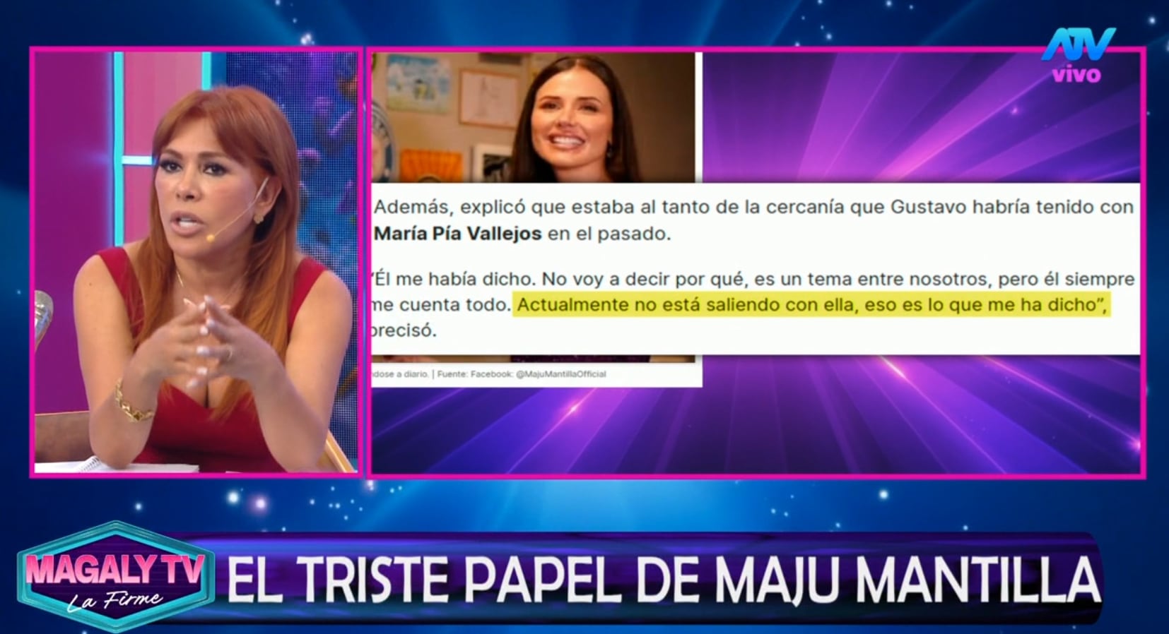 Magaly Medina arremete contra Maju Mantilla tras verla llorar luego de enterarse que Gustavo oficializó salidas con María Pía Vallejos.