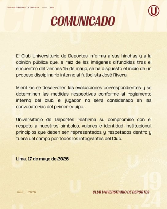 Comunicado de Universitario sobre caso José Rivera (@Universitario)