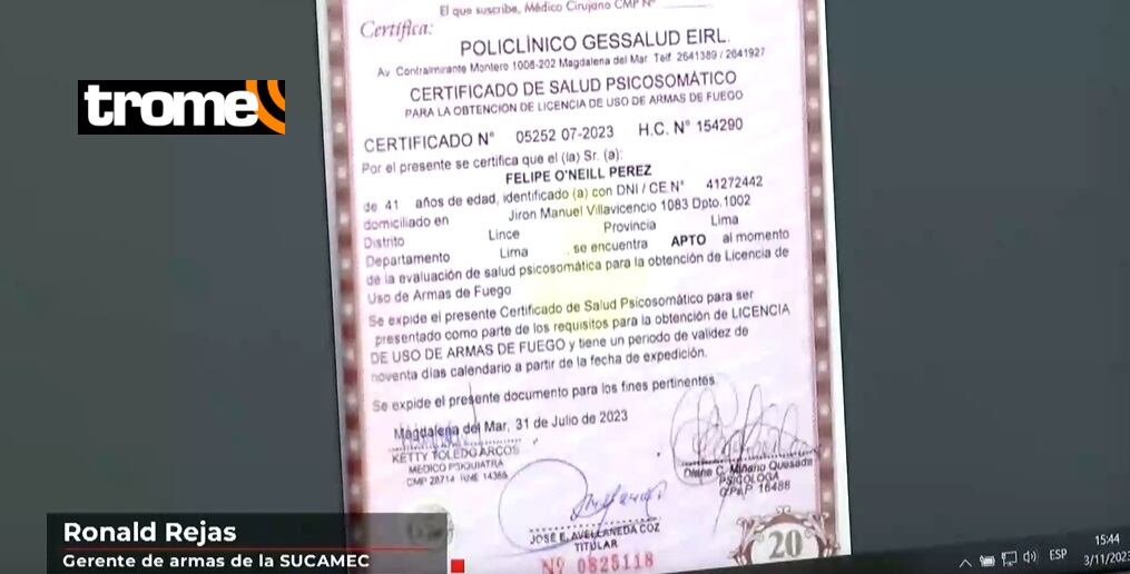 Felipe O'Neill tenía permiso para portar armas. Foto: Cuarto Poder.