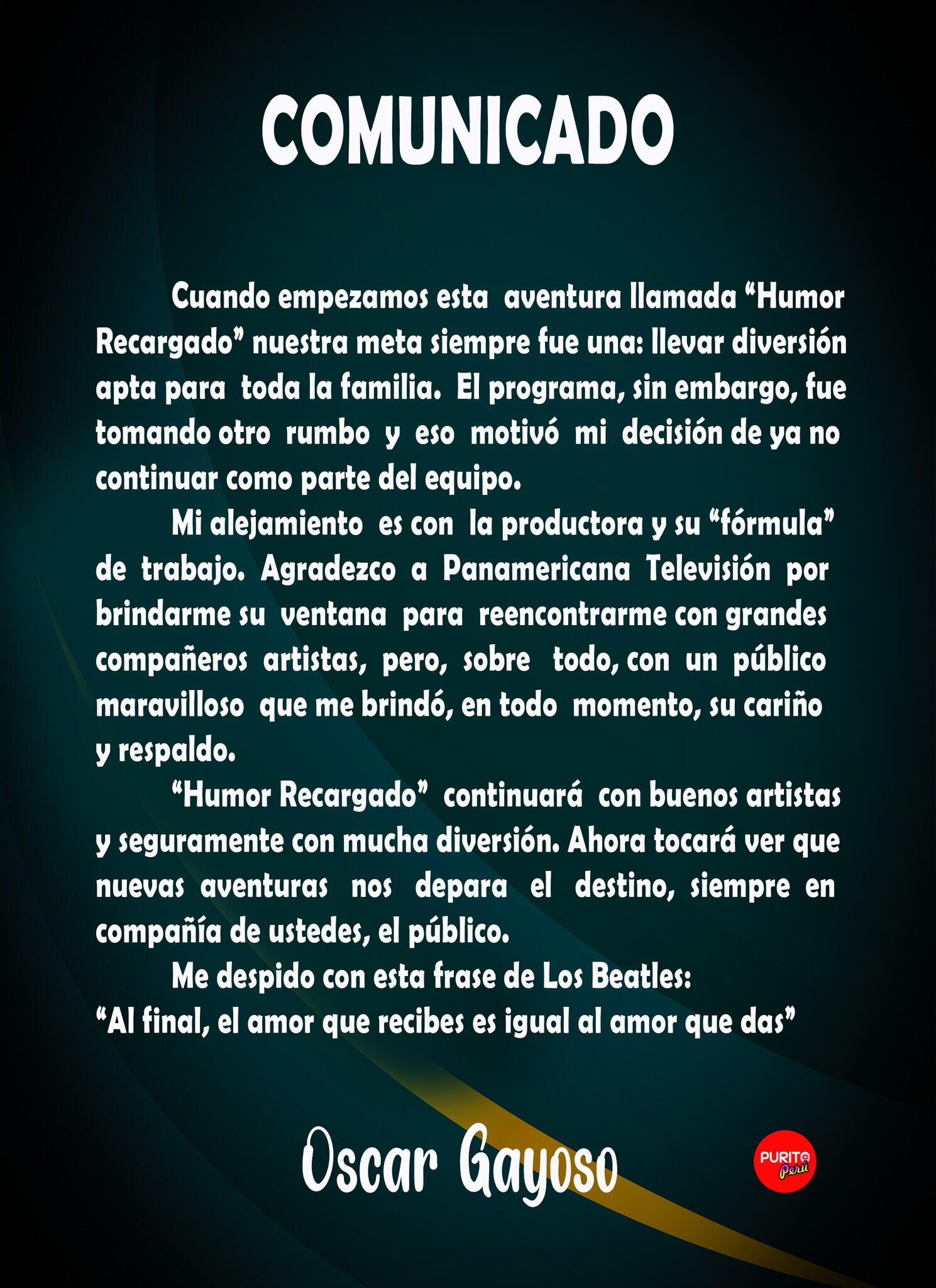 Este fue el comunicado de Óscar Gayoso | Foto: Facebook