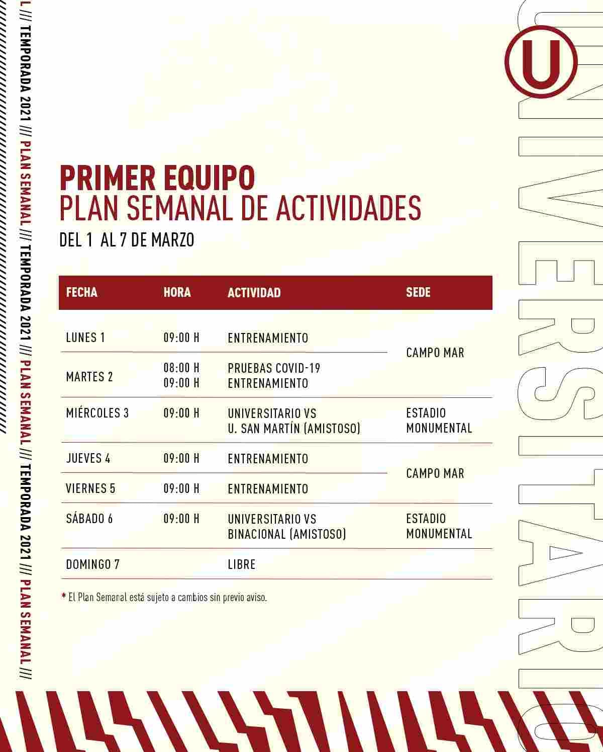 El plan semana de Universitario de Deportes. (Foto: Universitario)