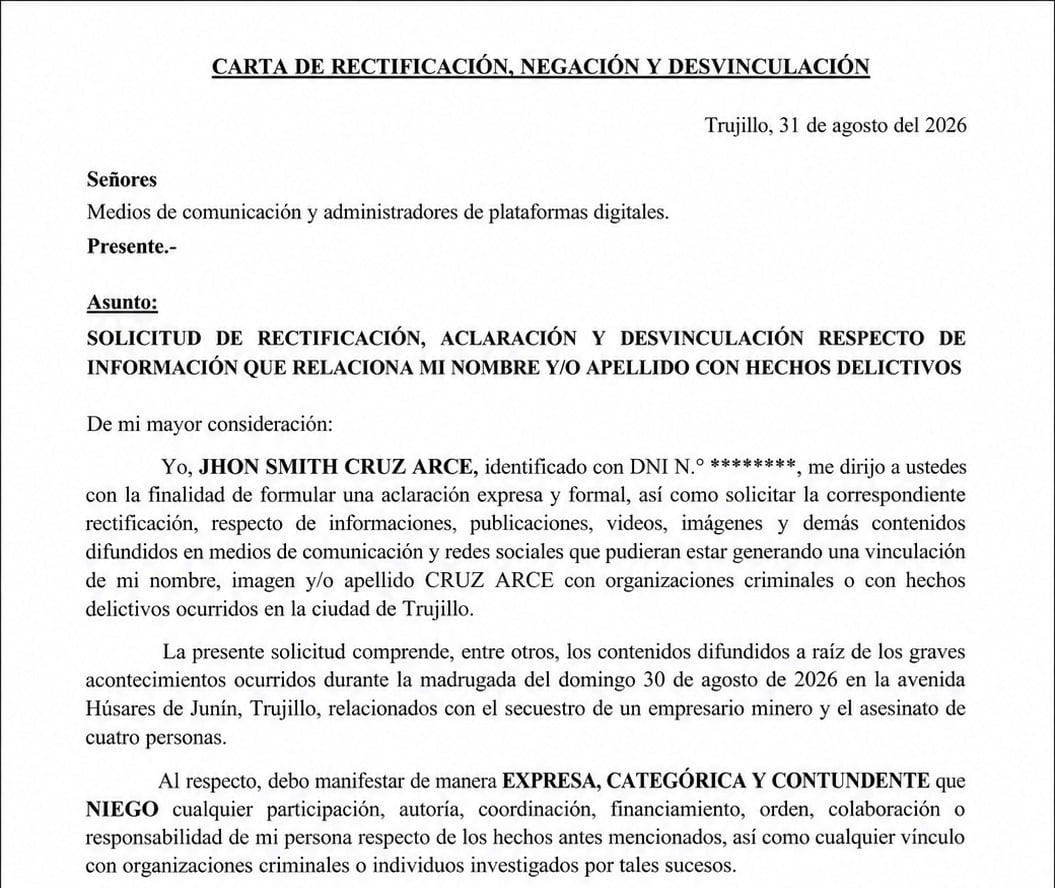 Carta que presuntamente habría elaborado Jhon Cruz Arce