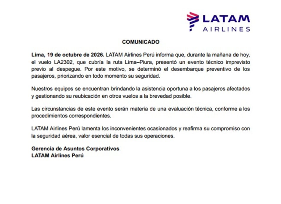 LATAM Airlines Perú informó que el vuelo LA2302, que cubría la ruta Lima–Piura, presentó un evento técnico imprevisto previo al despegue. (Foto: Captura )