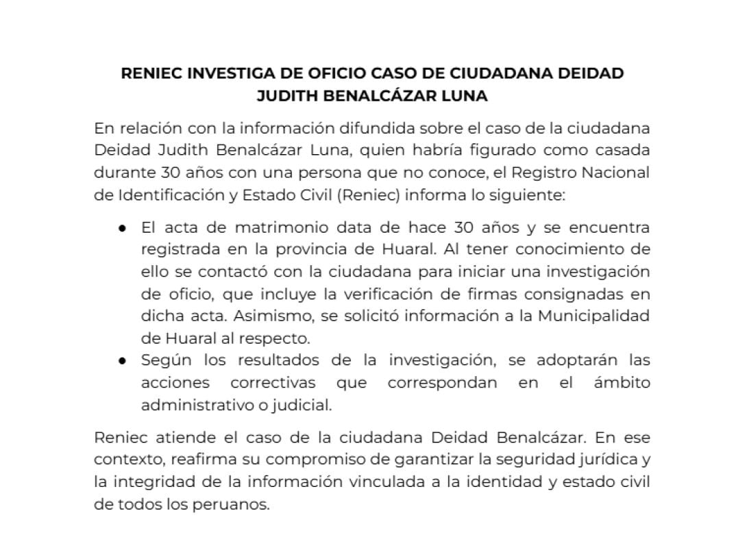 Reniec anunció que investigará posible suplantación de identidad.